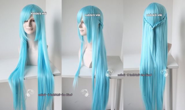 SALE! 100cm / 39.5" Sword Art Online Blue Fairy Asuna light blue pre-styled long straight Cosplay Wig with braid