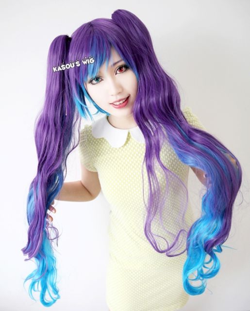 100cm / 39.5" Vocaloid Hatsune Miku  anti the holic version purple blue ombre . multi colors. long wave curly cosplay wig . lolita wig .