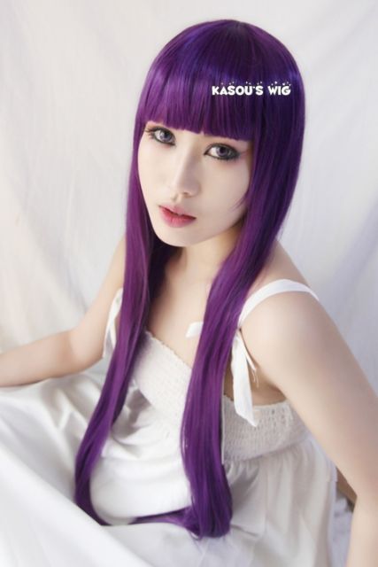 100cm / 39.5" Inu x Boku SS Shirakiin Ririchiyo long grape purple straight cosplay wig with neat bangs . women hair