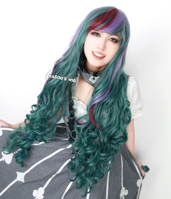 100cm / 39.5"  Monster High Twyla long green . fuchsia.purple highligh wave cosplay wig with short bangs . lolita hair