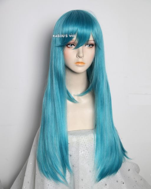 L-2 / KA059 teal blue green 75cm long straight wig . Hiperlon fiber