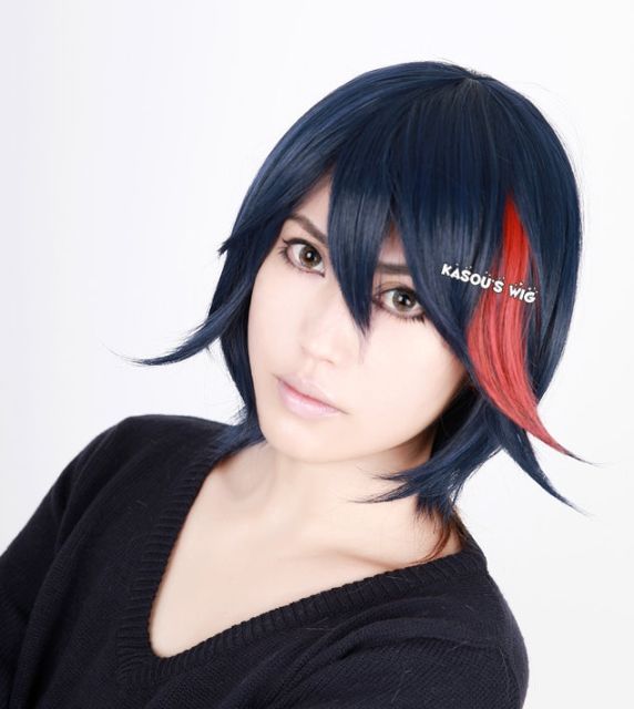 Kill la Kill Matoi Ryuko dark blue with highlighted red 38cm short layers cosplay wig ( SP10 )