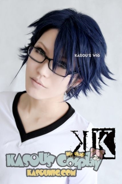 K project Fushimi Saruhiko short layers dark blue pre-styled side parted cosplay wig
