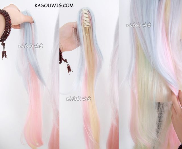 100cm / 39.5" No Game No Life Shiro long cosplay wig with clip . pastel blue .peach pink . yellow. turquoise  blended ombre  hair . Lolita hair