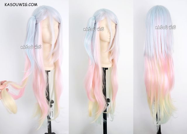 100cm / 39.5" No Game No Life Shiro long cosplay wig with clip . pastel blue .peach pink . yellow. turquoise  blended ombre  hair . Lolita hair
