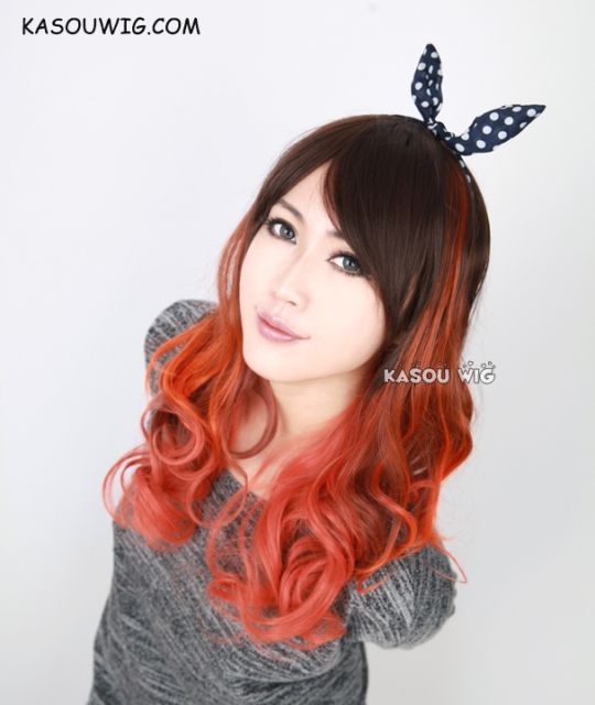 63cm long Brown Orange Red ombre multicolor body wave curly cosplay wig. lady wig. gothic, lolita. Harajuku