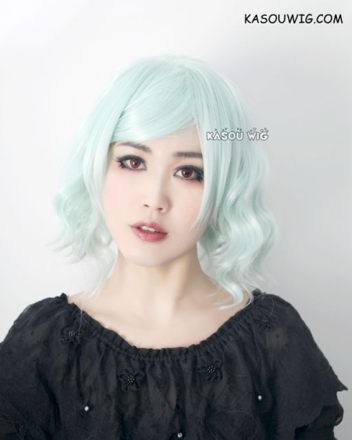 S-4  mint green loose beach waves lolita . harajuku wig with bangs .35cm