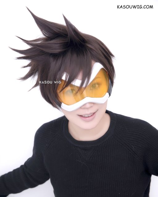 Overwatch Tracer Lena Oxton deep brown side parted spiky cosplay wig . KA030