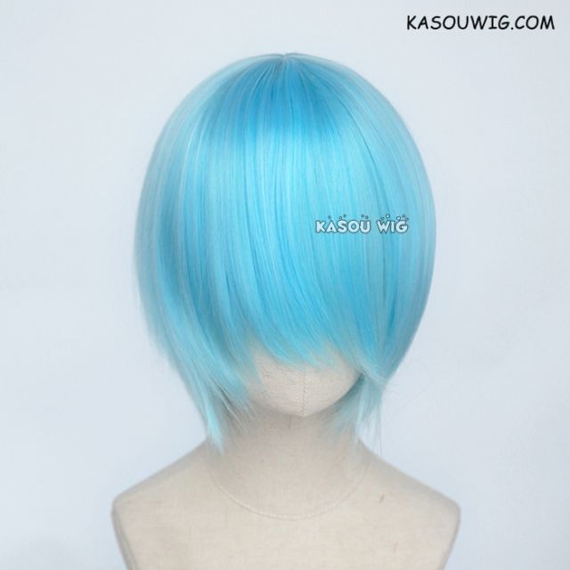 S-2 / KA046 light blue short bob smooth cosplay wig with long bangs . Hiperlon fiber