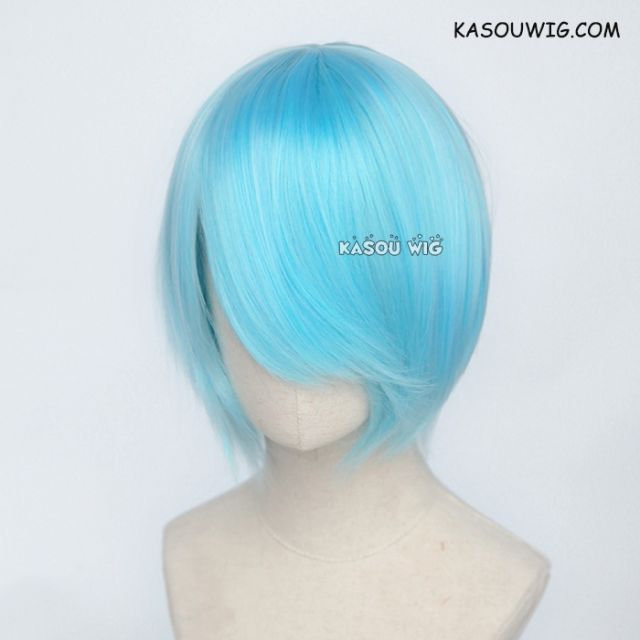 S-2 / KA046 light blue short bob smooth cosplay wig with long bangs . Hiperlon fiber