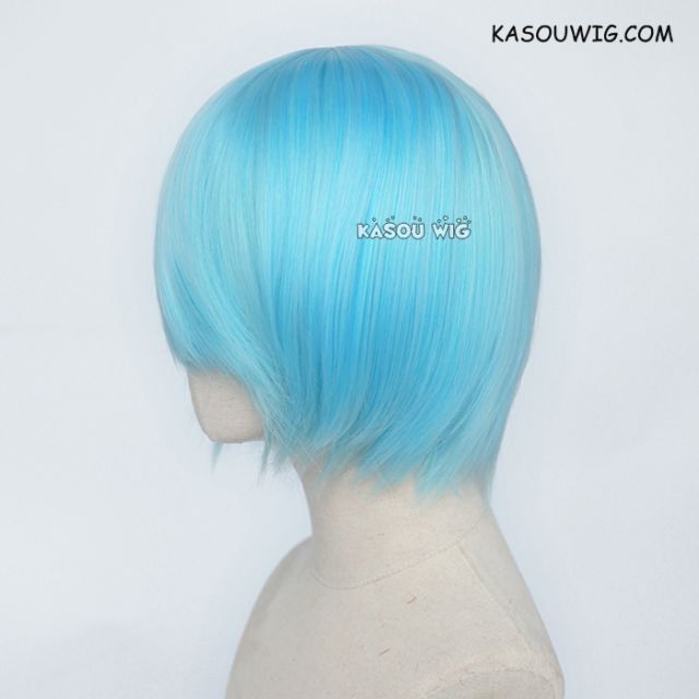 S-2 / KA046 light blue short bob smooth cosplay wig with long bangs . Hiperlon fiber