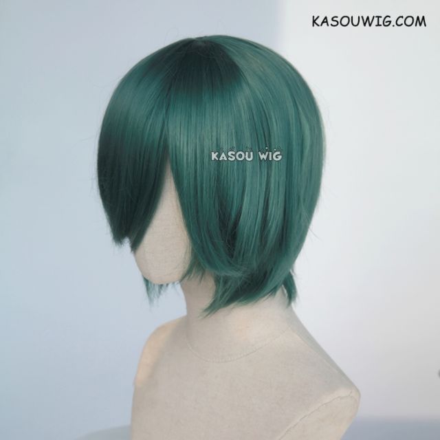 S-2 / KA065 dark olive green short bob smooth cosplay wig with long bangs . Hiperlon fiber
