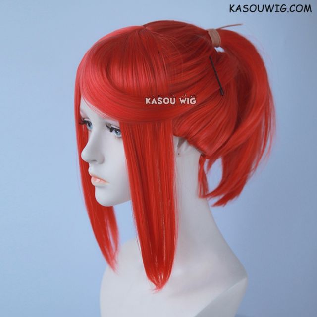 S-3 /  KA040 vermillion red ponytail base wig with long bangs.