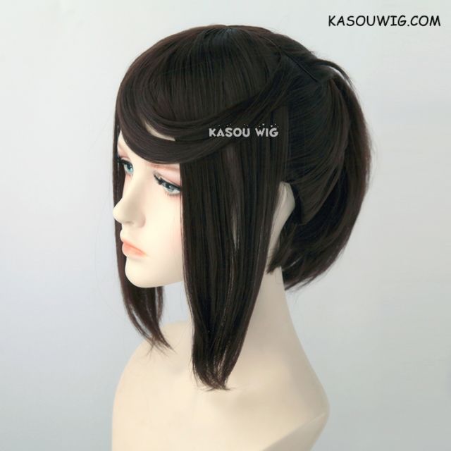 S-3 / KA030 deep brown ponytail base wig with long bangs.