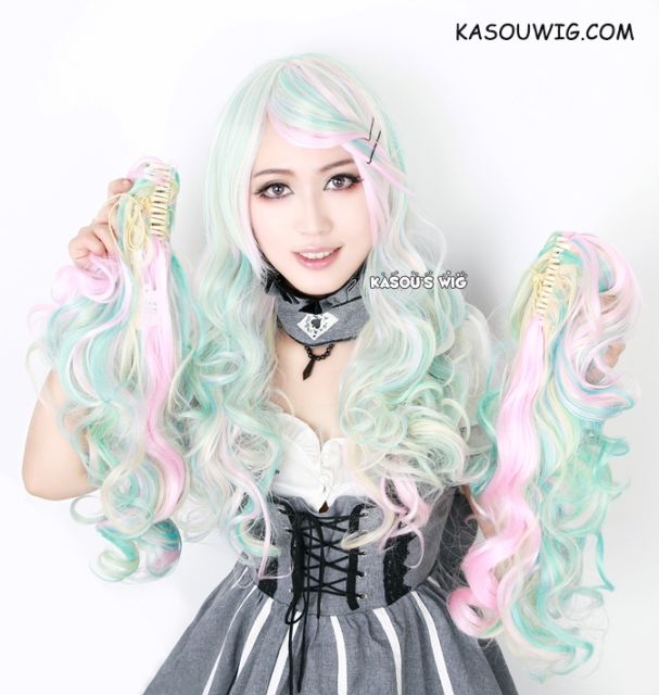 Rainbowl pastel mint green .yellow. baby blue . pink multicolor Cute lolita wave  wig with clips Harajuku wig