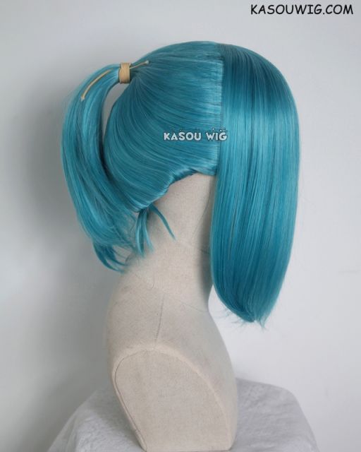 S-3 / KA059 teal blue green ponytail base wig with long bangs.