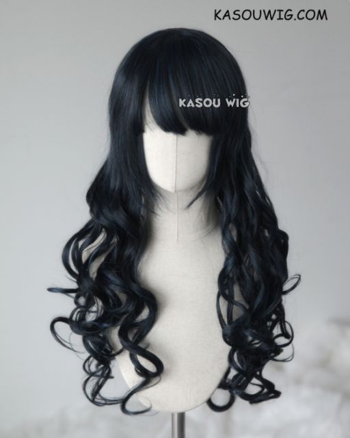 L-1 / KA052 black blue  75cm long curly wig . Hiperlon fiber