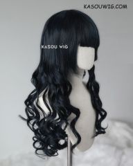 L-1 / KA052 black blue  75cm long curly wig . Hiperlon fiber