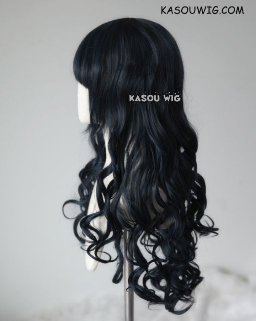 L-1 / KA052 black blue  75cm long curly wig . Hiperlon fiber