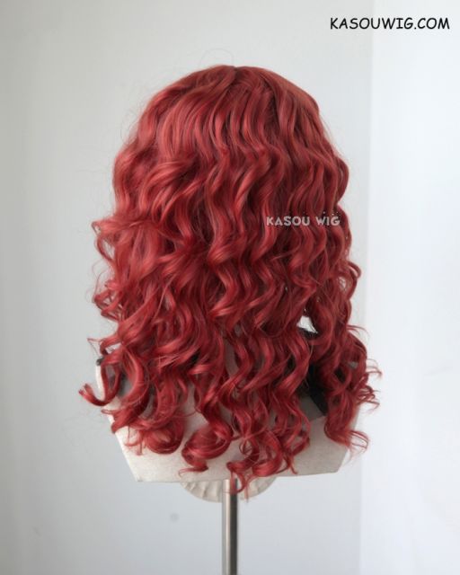 Bangless medium length angled red curly wig. spiral curls. 43cm long