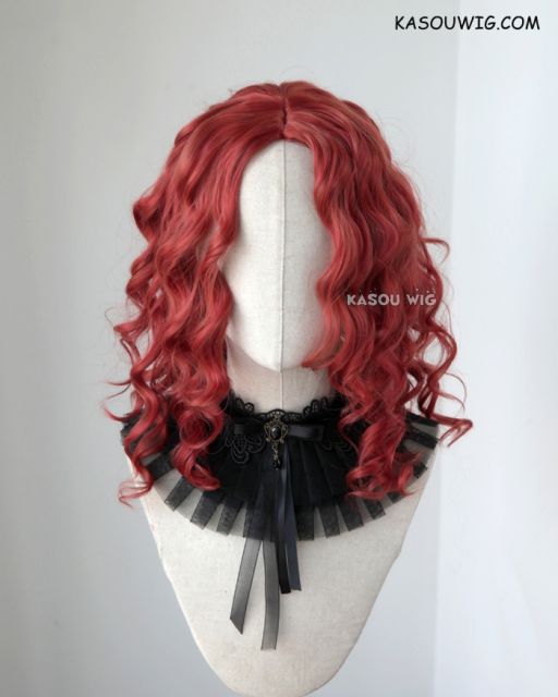 Bangless medium length angled red curly wig. spiral curls. 43cm long