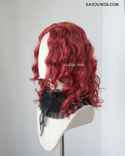 Bangless medium length angled red curly wig. spiral curls. 43cm long