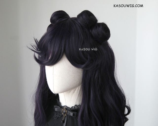 97cm / 38" Sailor Moon Luna deep purple long wavy cosplay wig with pre-styled buns. SP31