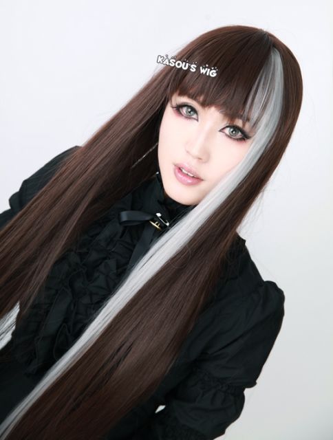 100cm / 39.5" Ever After High Cerise Hood long straight dark brown with light gray highlighted cosplay wig . neat bangs