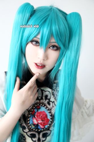 [ 2 COLORS ] 100cm / 39.5"  Miku long teal blue straight clip-on pigtail wig
