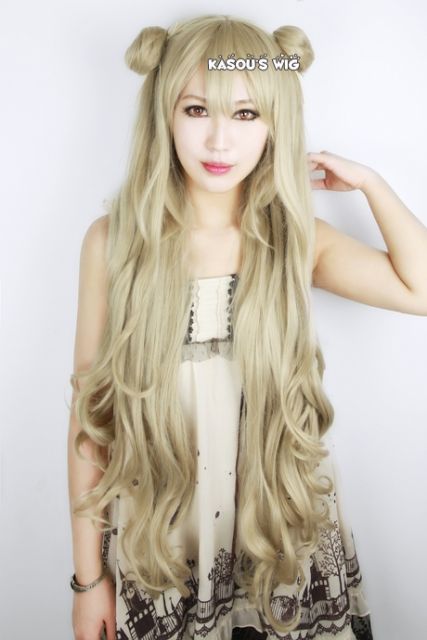 100cm/39.5" Code Geass Akito the Exiled Layla Malkal sand blonde long body wave cosplay wig with 2 buns . SP02