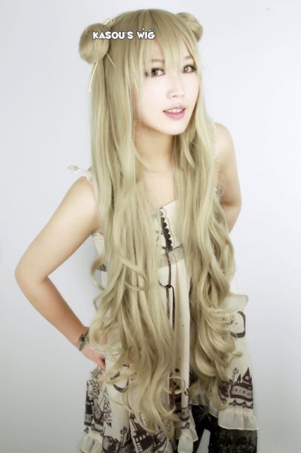 100cm/39.5" Code Geass Akito the Exiled Layla Malkal sand blonde long body wave cosplay wig with 2 buns . SP02