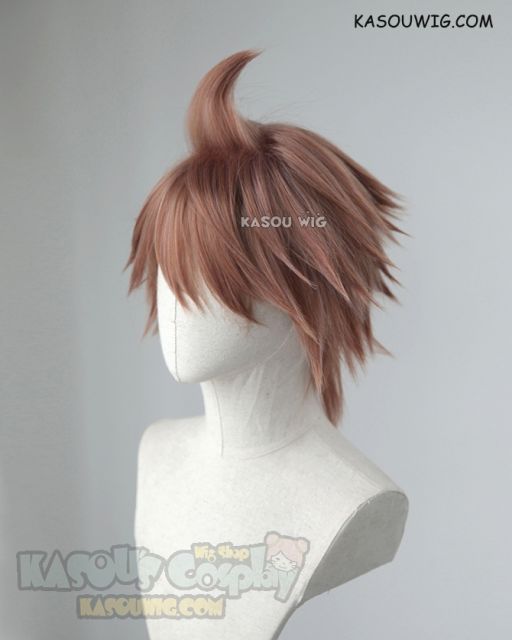 Danganronpa Naegi Makoto short pinkish brown layered wig with a spike on top