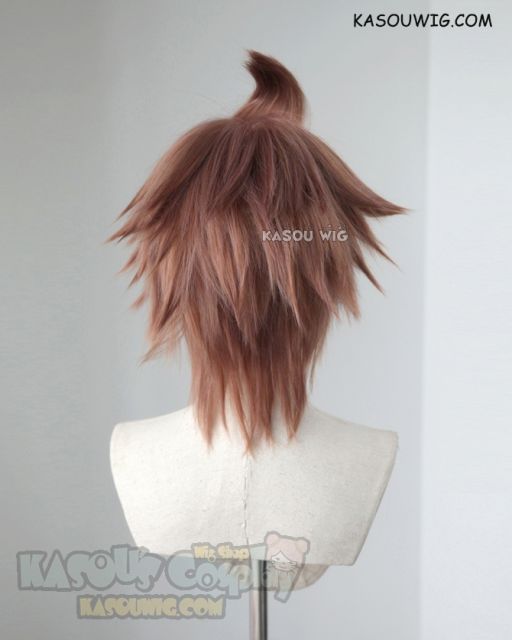 Danganronpa Naegi Makoto short pinkish brown layered wig with a spike on top