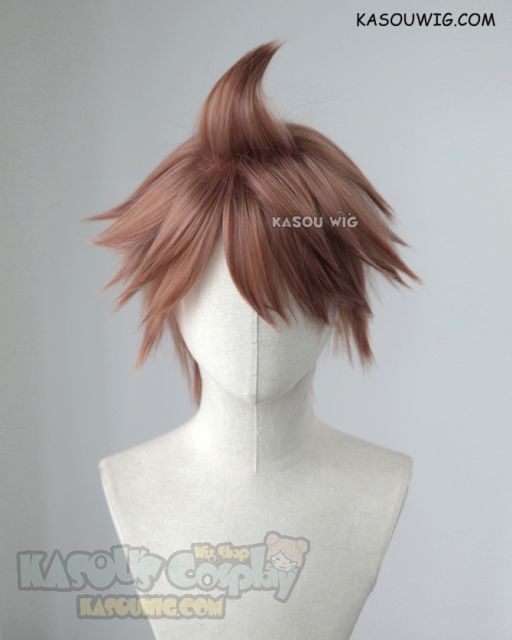 Danganronpa Naegi Makoto short pinkish brown layered wig with a spike on top