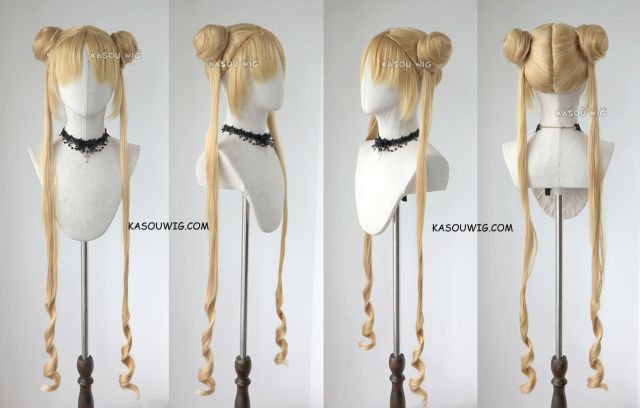 Sailor Moon Tsukino Usagi golden blonde cosplay wig 100 cm long curly tails with pre styled buns