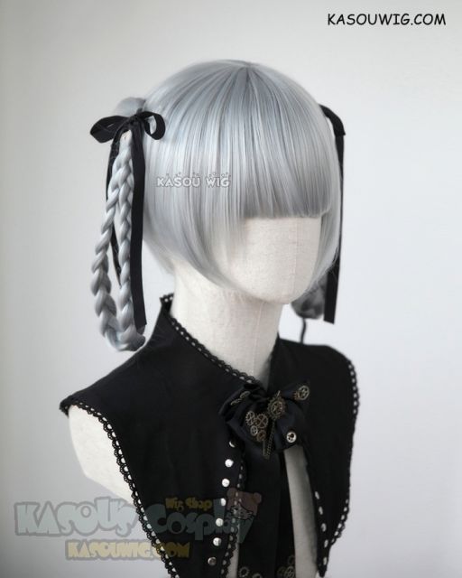 Kakegurui Momobami Kirari light gray cosplay wig pre-teid knotted braids with black ribbons