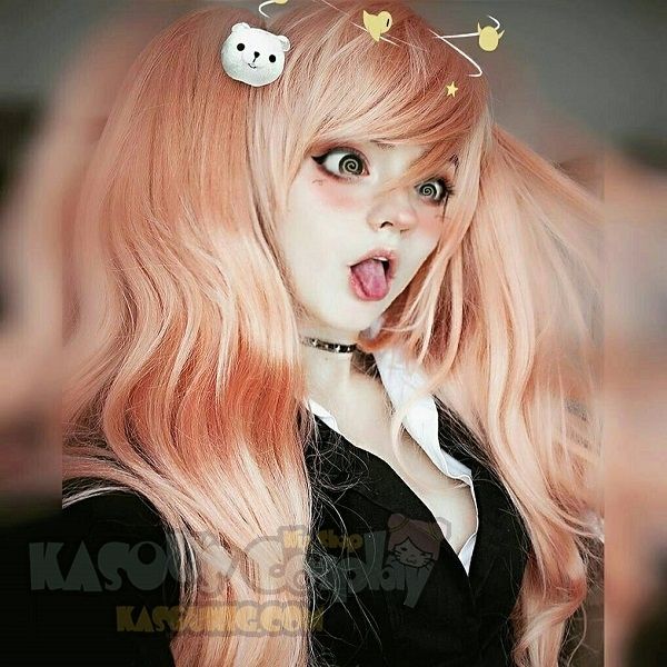 90cm / 35.5" Danganronpa Junko Enoshima long coral pink cosplay wig with 2 clip on layers fluffy ponytails. SP22