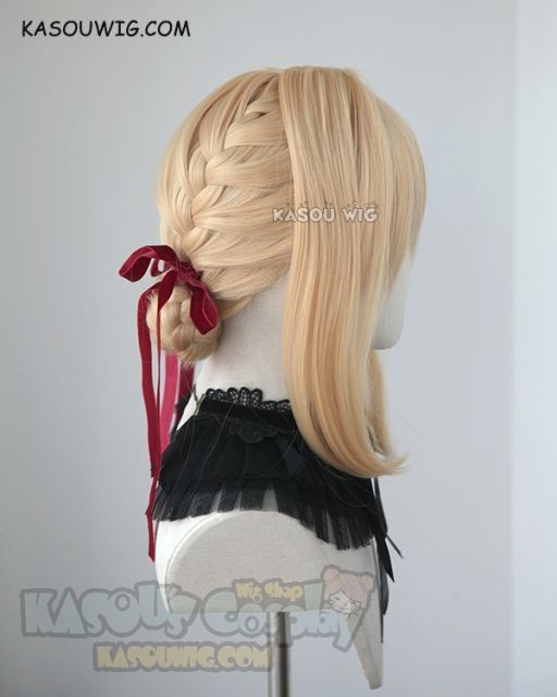 ( 2 options) Violet Evergarden blonde braided buns wig with red ribbon
