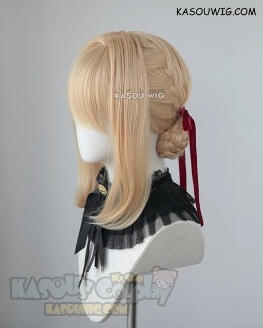 ( 2 options) Violet Evergarden blonde braided buns wig with red ribbon