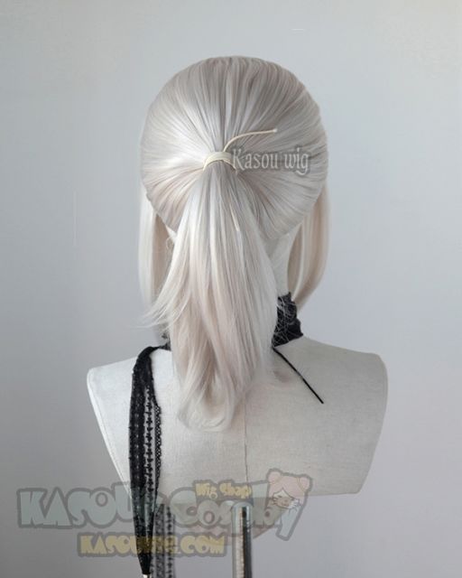 S-3 / SP05 Pearl White ponytail base wig with long bangs.