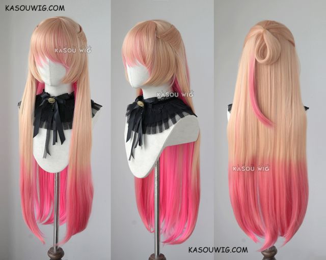 League of Legends Star Guardian Ahri 90cm long straight blonde pink ombre wig with ears