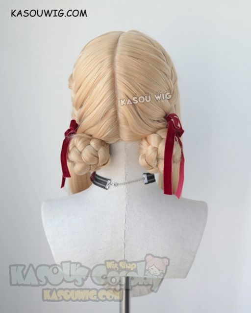 ( 2 options) Violet Evergarden blonde braided buns wig with red ribbon