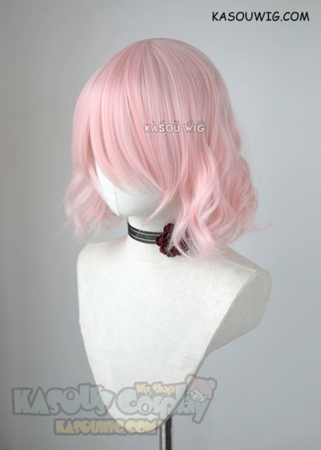 S-4 / SP34 short pale pink loose beach waves lolita . harajuku wig with bangs .35cm .