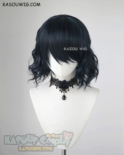 S-4 / KA052 black blue loose beach waves lolita . harajuku wig with bangs .35cm