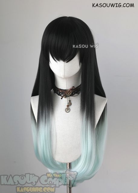 Kimetsu no Yaiba Demon Slayer Muichiro Tokito long straight black mint ombre cosplay wig