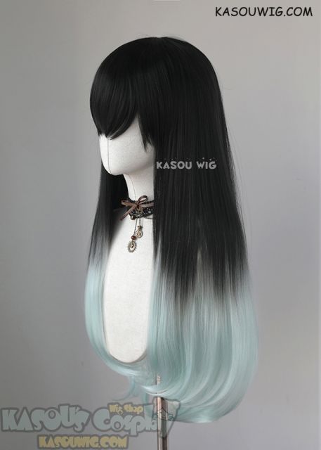 Kimetsu no Yaiba Demon Slayer Muichiro Tokito long straight black mint ombre cosplay wig