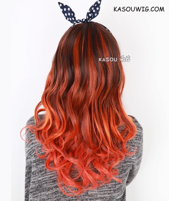 63cm long Brown Orange Red ombre multicolor body wave curly cosplay wig. lady wig. gothic, lolita. Harajuku