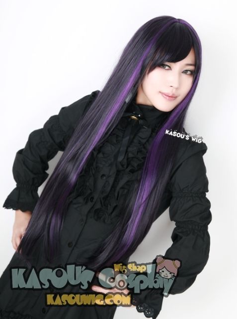 SALE! Black purple long straight cosplay wig with highlighted purple cosplay wig . short bangs . Monslter High Elissabat