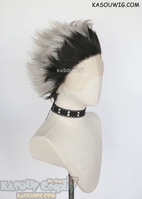 Lace Front>> Haikyuu Bokuto Kotaro spiky slicked back silver white wig with dyed black roots