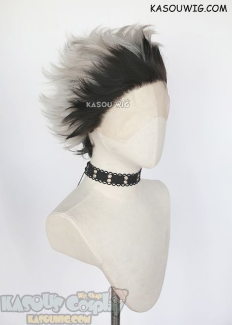 Lace Front>> Haikyuu Bokuto Kotaro spiky slicked back silver white wig with dyed black roots